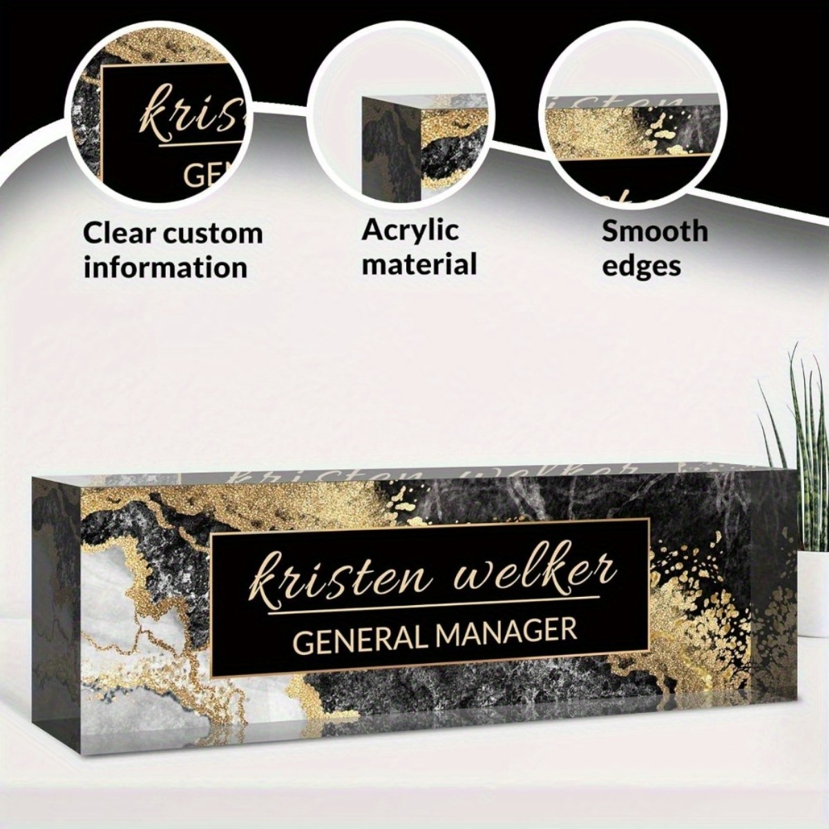 Desk Name Plate - [2D Flat] Black Gold Marble Personalized